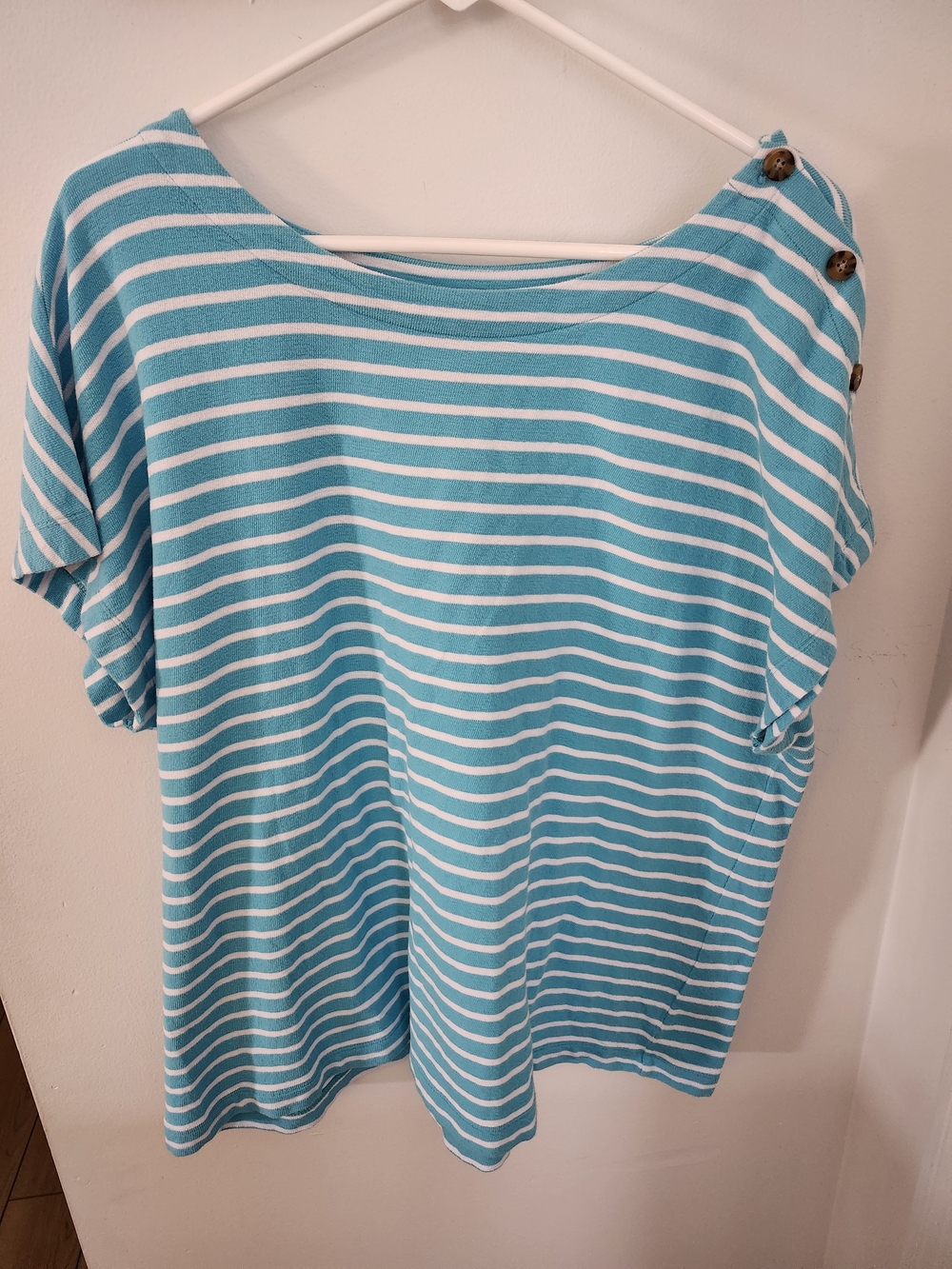 J. Jill Turquoise and White Striped Short Sleeve Top with Button Shoulder